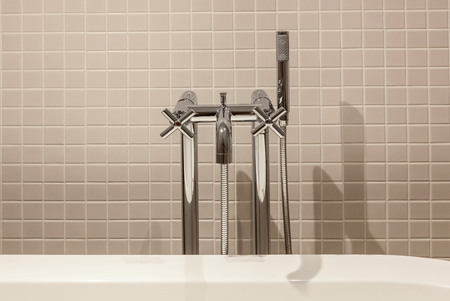 Interior and design of the modern toilet and bathroom, items in the bathroom hairdryer, mirror,...