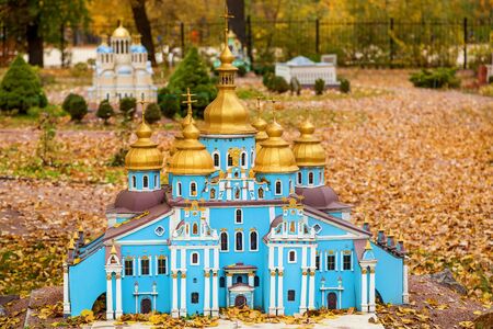 KIEV, UKRAINE October 21, 2018: Michael's Golden-Domed Monastery. Autumn amusement park in Kiev, Ukraine in miniature. Sights of Ukraine ancient houses, churches, museums, fortresses templesのeditorial素材