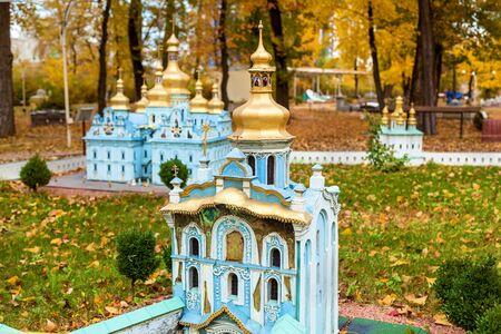 KIEV, UKRAINE October 21, 2018: Autumn amusement park in Kiev, Ukraine in miniature. Sights of Ukraine ancient houses, churches, museums, fortresses temples monasteriesのeditorial素材