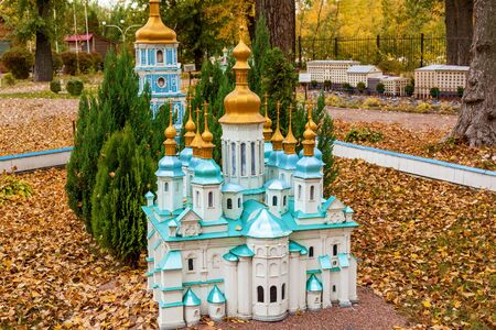 KIEV, UKRAINE October 21, 2018: Autumn amusement park in Kiev, Ukraine in miniature. Sights of Ukraine ancient houses, churches, museums, fortresses temples monasteriesのeditorial素材