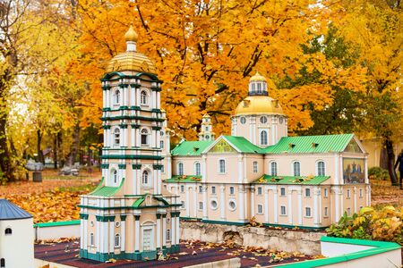 KIEV, UKRAINE October 21, 2018: Autumn amusement park in Kiev, Ukraine in miniature. Sights of Ukraine ancient houses, churches, museums, fortresses temples monasteriesのeditorial素材