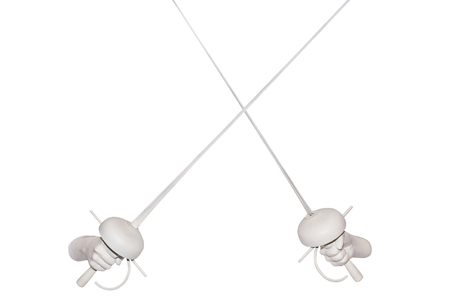 Two hands hold crossed old swords on white background