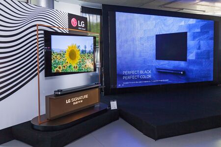 Kiev, Ukraine June 12, 2018: LG Company presents new home appliances TVs, refrigerators, washing machines, microwaves, telephones and music systemsのeditorial素材