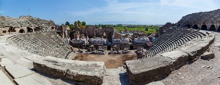 Old amphitheater from ancient times in the region of Antalya, Side, Turkey.の写真素材
