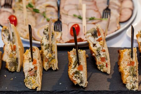 Beautifully decorated appetizers for the catering banquet table.Catering for events snacks for...
