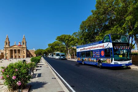 Valletta Malta June 18, 2019: Bus for tourists with routes to the interesting sights of the island of Maltaのeditorial素材