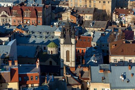 An amazing aerial view of a historical center of Lviv with lots of residential houses.の写真素材