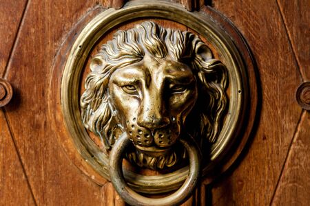 A ancient wooden door decorated with a bronze lion head as a handle in Lviv