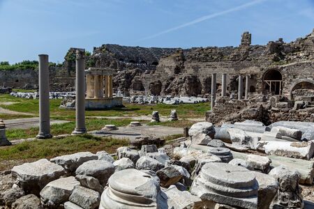 A panoramic view of ruins of an ancient city in Side on a sunny day.の写真素材