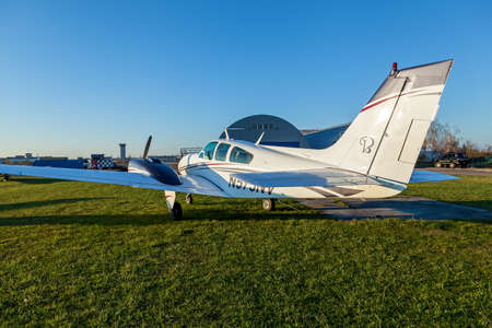 Ukraine Kiev October 11, 2018: A front view of a small private aircraft parked on the airfield on...