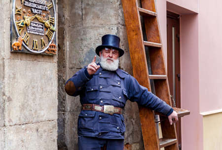 Lviv Ukraine December 21, 2019: Male chimney sweep of the House of Legends in Lvov, Ukraine. Lviv is the most European city in Ukraineのeditorial素材