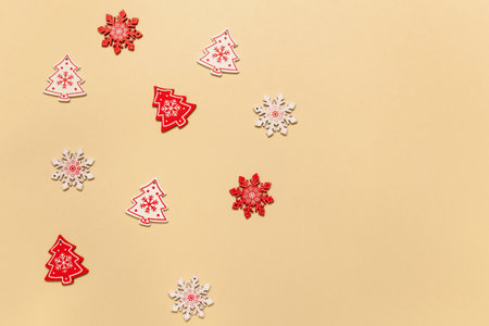 Christmas toys on a beige background.Christmas composition, Christmas concept, Happy New Year, Magic holiday card.の写真素材