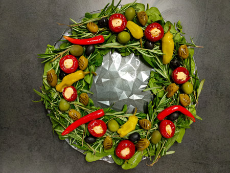 Fresh vegetable salad - tomatoes, lettuce, olives, arugula and olive oil. View from aboveの写真素材