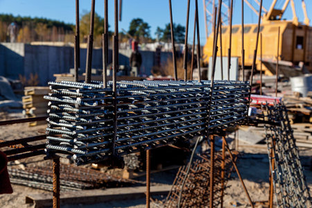 Construction fittings at the construction site. Steel reinforced concrete rod structures for concreting. Construction site of multi-storey buildingsの写真素材
