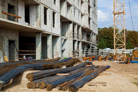 Construction of monolithic multi-storey buildings. Construction of a monolithic reinforced concrete house. Modern building technologies. Construction of a modern multi-storey buildingの写真素材