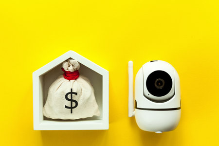 Model of a wooden white house with money bags and a security camera on a yellow background. The concept of real estate protection, finance protection, construction financing supervisionの写真素材