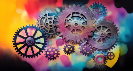 Multi-colored gears on a black background, for interior design in a technological style, digital paintingの写真素材