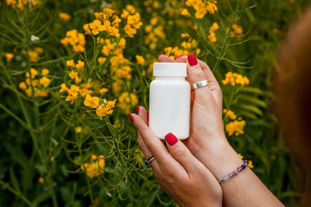 Female hands hold a white jar against the background of yellow rapeseed flowersの写真素材