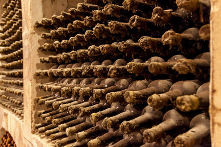 Old bottles of wine stacked in rows in the cellars of a wineryの写真素材