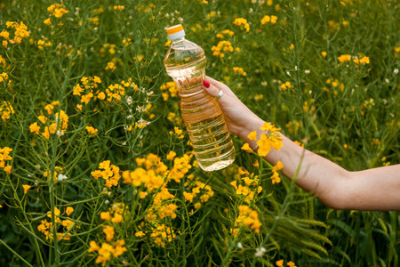 A woman's hand holds a bottle of rapeseed oil against the background of yellow rapeseed flowers
