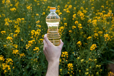A man's hand holds a bottle of rapeseed oil against the background of yellow rapeseed flowersの写真素材