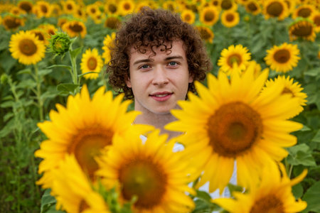 Man in white t-shirt holding bouquet of sunflowers in sunflower fieldの写真素材