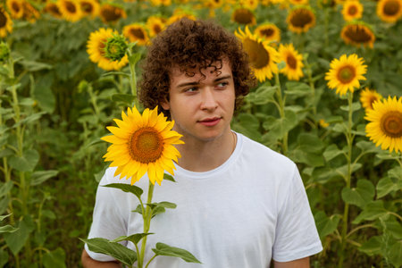 Man in white t-shirt holding sunflower flower standing in sunflower fieldの写真素材