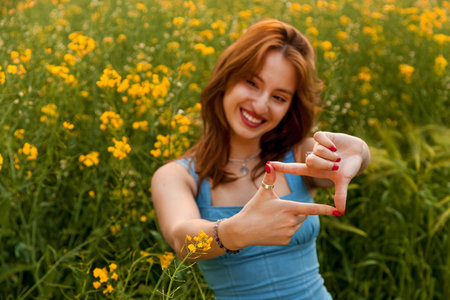 Young woman in denim dress and jewelry posing playfully among blooming yellow flowers on a sunny day