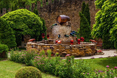 Creative stone fountain with wine bottles pouring into glasses surrounded by greenery and colorful flowersの写真素材