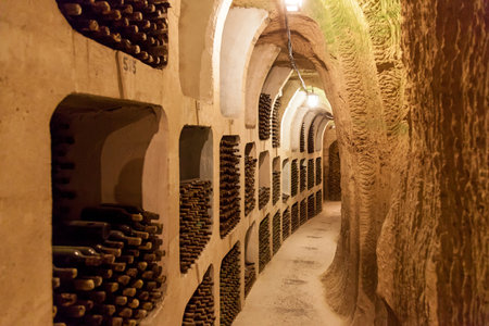 Historic underground wine cellar with stacked dusty bottles along textured carved walls under soft warm lightingの写真素材