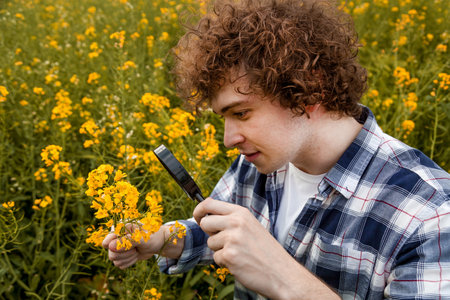 Curly-haired man wearing a plaid shirt carefully inspecting vibrant yellow flowers through a...