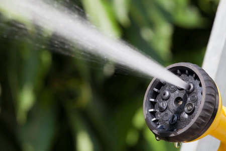 Jet of water rises from the tip of device of irrigation of garden at the sunshine on background of green plants.の写真素材