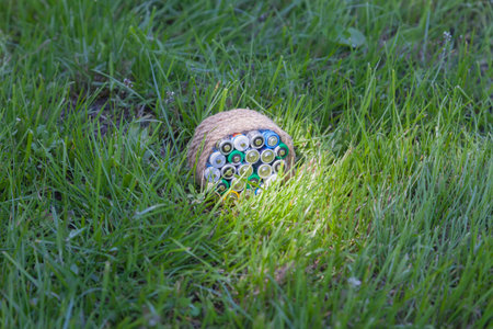 Batteries wrapped a rope on the grass in a bright sunbeam.の写真素材