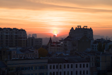 Panoramic view of the city of Kiev. Sunset straight into the lens.の写真素材
