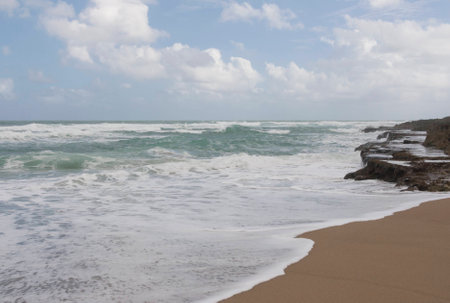 Blue sky, blue sea and green trees on shore. Waves, white clouds and sea foam, yellow sand beach.の写真素材