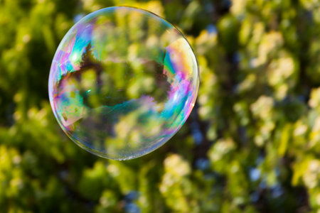 Rainbow soap bubble on green blurred background.