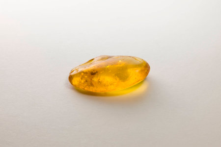 The a piece of Amber on a white background. Inside on the left is insect. Age of this fossil around...
