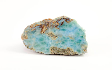 Larimar, also called "Stefilia's Stone", is a rare blue variety of the silicate mineral pectolite found only in the Dominican Republic, on a white background.の写真素材