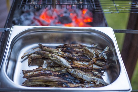capelin - small fish on a metal protvin. Good snack for beer.の写真素材
