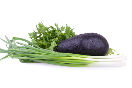 eggplant, onions and parsleyの写真素材