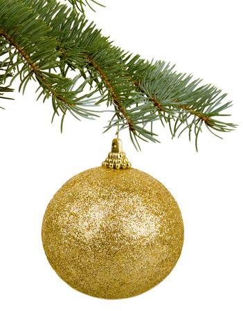 golden Christmas toy on a branchの写真素材