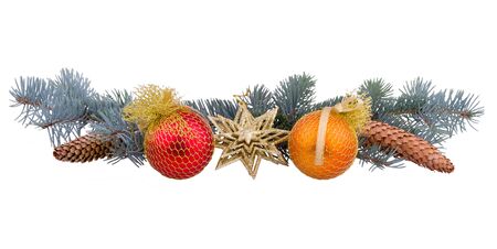 spruce branches with cones and toysの写真素材