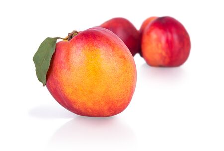 ripe sweet nectarines on a white backgroundの写真素材
