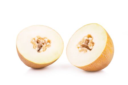 two halves of ripe melons isolatedの写真素材