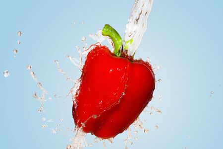 splash with red pepper on blue backgroundの写真素材