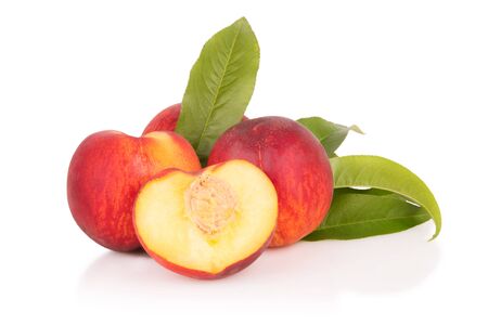 juicy peaches on a white backgroundの写真素材