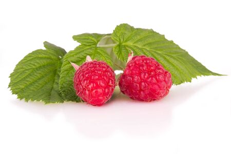 two ripe raspberries with leaves isolatedの写真素材