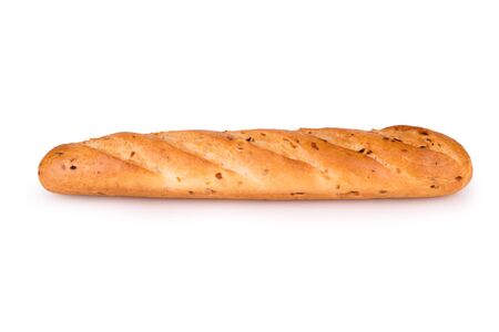 ruddy fresh baguette on a white backgroundの写真素材