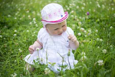 little child sits in grass and looks at the flowersの写真素材