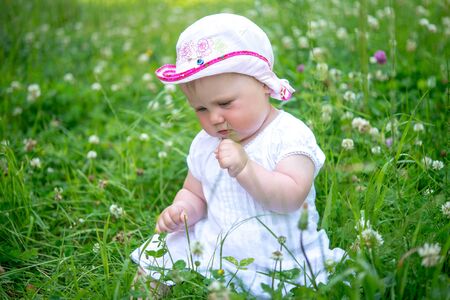small child sitting in the grass in the gardenの写真素材